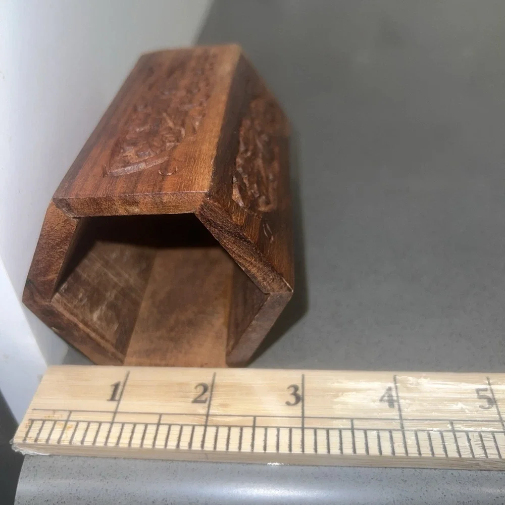 Vintage Wooden Hexagon Hand Carved Pencil Holder Decorative Collectible 4